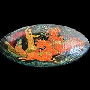 Handmade Hand Painted Russian Lacquer Brooch Horses Sleigh Mythical OOAK Signed